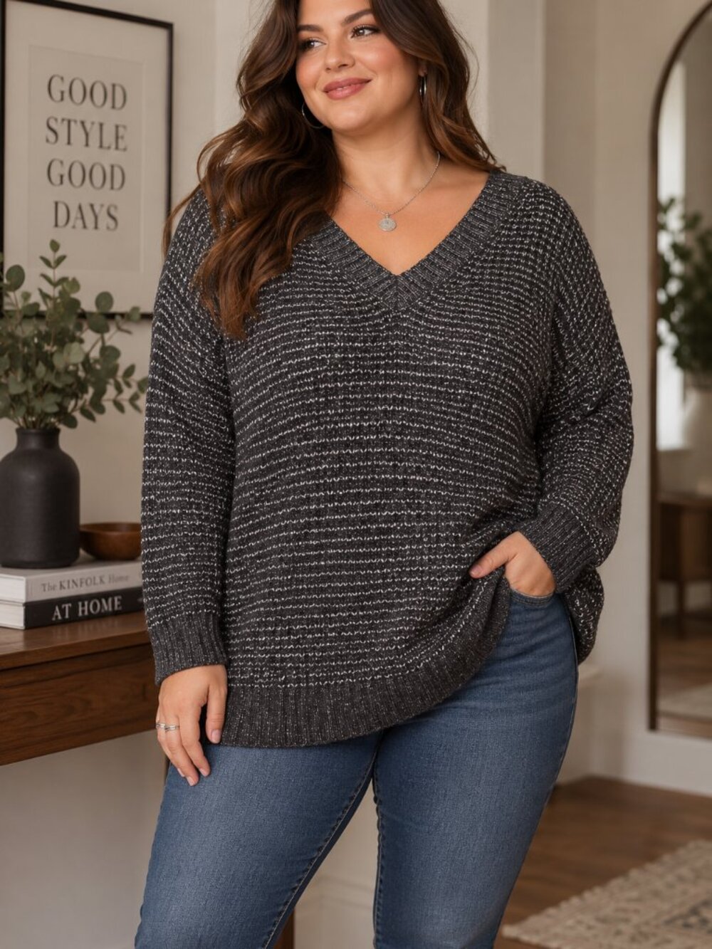 Torrid 1X Black Gray Marled V-Neck Oversized Knit Sweater